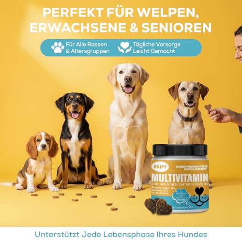 Multivitamine für Hunde – 100 Soft Snacks mit Probiotika, Vitaminen, Omega-3 & Grünlippmuschel, SNIPY Premium, Fell, Gelenke & Vitalität