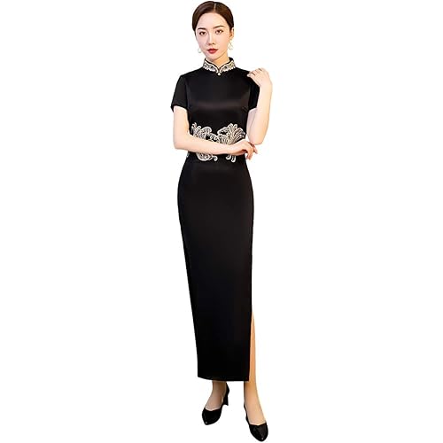 Black Long Cheongsam High Slit Embroidery Qipao Chinese Traditional Clothing for Women