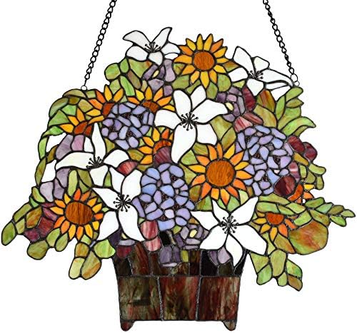 Bieye W10046 Gaily Decorated Basket Tiffany Style Stained Glass Window Panel Hangings with Sunflower Lily Hydrangea Flowers, 20" W x 18" H