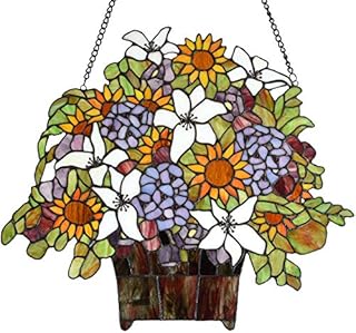 Bieye W10046 Gaily Decorated Basket Tiffany Style Stained Glass Window Panel Hangings with Sunflower Lily Hydrangea Flowers, 20" W x 18" H