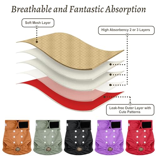 Image of Female Dog Diapers 5Pcs - Premium Reusable Diapers for Doggie in Heat - Highly Absorbent Dog Diapers Female for Pet Incontinence, Red, L