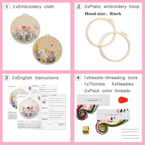 Image of Flowers Embroidery Kits for Beginners Adults, Floral Hand Embroidery Set Needlepoint Kits, Stamped Cross Stitch Kits for Beginners Adults, 2 Embroidery Hoops, Fabric, Thread (Attached Video Tutorial)