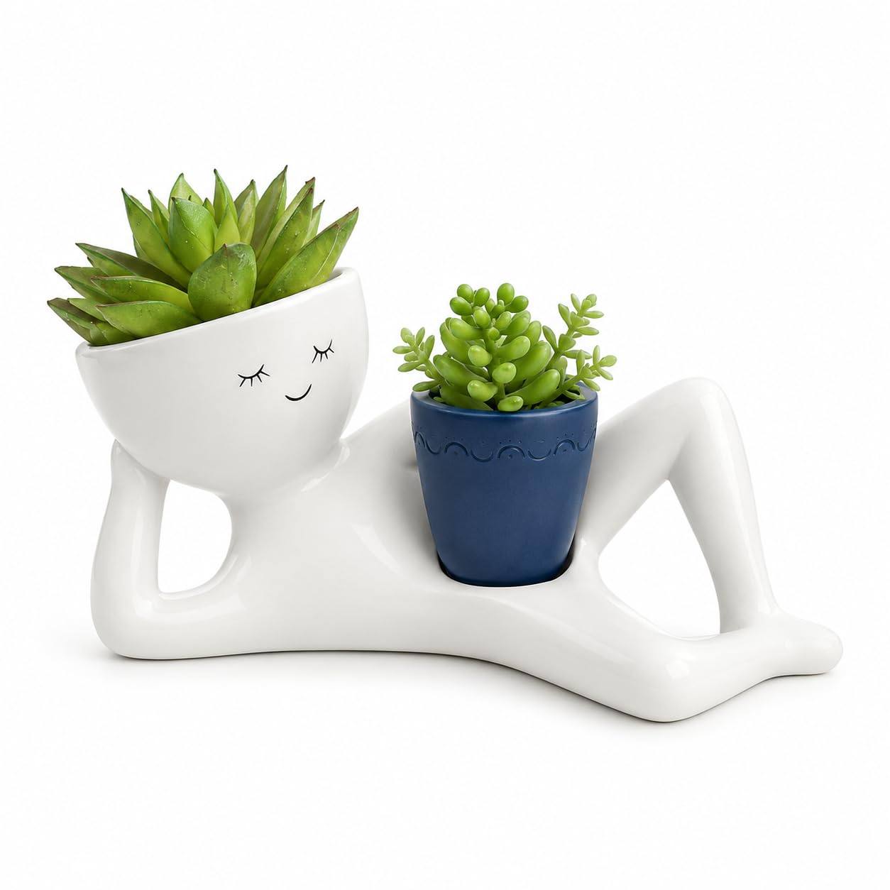 Cinvoma Lazy Guy Planter, Funny Plant Pots with Drainage, 23cm Resin Goofy Garden Pots, Relaxing Person Holding Pot Planter for Succulents Cactus (Blue)