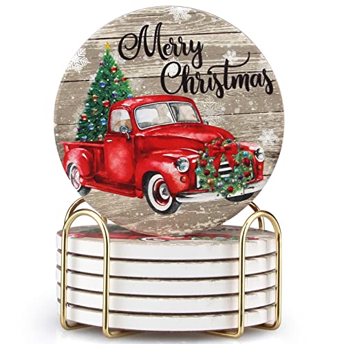 6 Pcs Red Truck Christmas Coasters with Holder Best Absorbent Ceramic Coaster Set Round Vintage Drink Christmas Coasters Gift Xmas Holiday Coffee Table Cup Coaster for Festival Decor Living Room