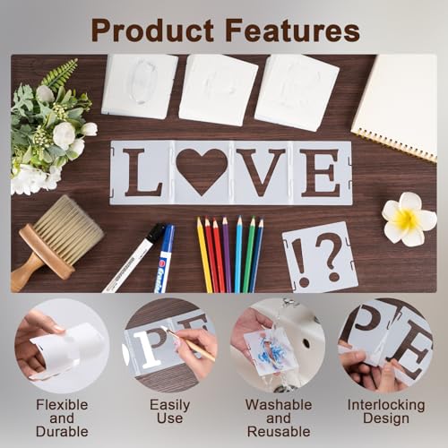 Amrules 65 Pcs 4 Inch Plastic Painting Stencils Reusable Letters Numbers and Symbols Stencil Art Crafts Interlocked Drawing Templates Set for Wood, Walls, Fabrics, Rocks - Thumbnail 4