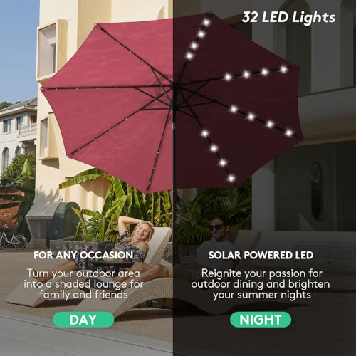 Image of JEAREY 9FT Outdoor Patio Umbrella with Solar Lights, LED Lighted Pool Umbrella with Tilt and Crank, Outdoor Table Umbrellas for Deck, Yard & Market (Burgandy)