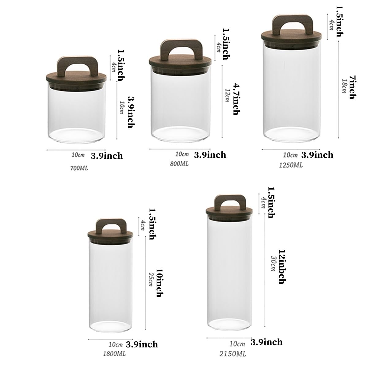 GIZNXBA Juego De 5 Botes Cocina Almacenaje Cristal Botes Cocina Hermeticos Contenedores Para Conservar Dulces, Galletas, Pastas, Frutos Secos, Harina De Avena