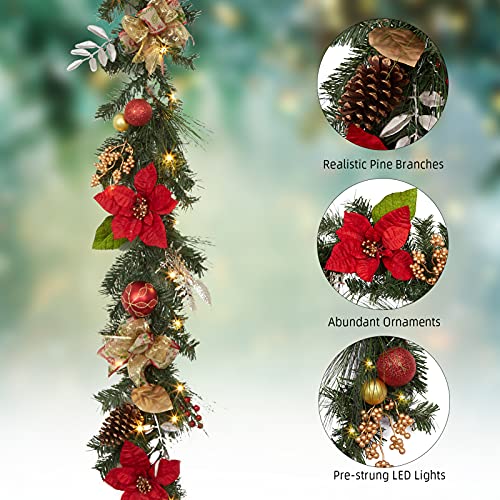 GarveeHome Prelit Christmas Garland for Mantle, 6ft Battery Operated Xmas Garland with 20 LED Lights Timer Red Gold Balls for Fireplace Stair Railing TV Stand Indoor Outdoor Holiday Decor