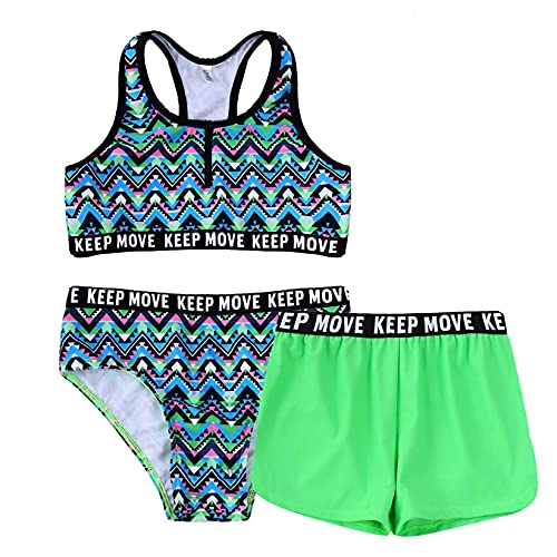 TTAO Little Kid Girls 3Pcs Athletic Tankini Swimsuit Set Crossback Top with Boyshort Bottom Bathing Suit Mint Green 10 Years