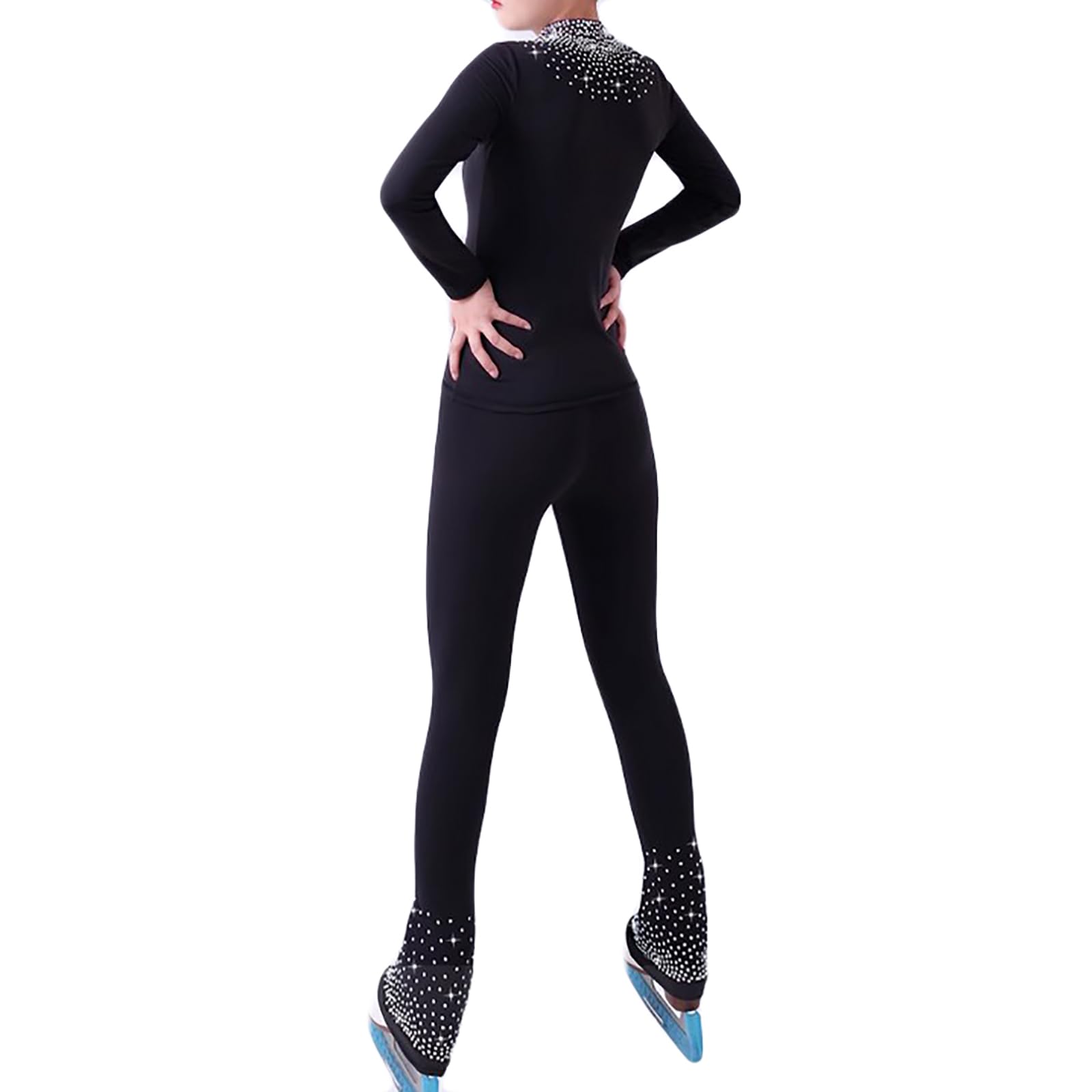 Veste et Pantalon de Patinage Artistique Ensemble pour Filles et Femmes avec Strass Chaud Costumes Patinage Artistique(Size:XS,Color:Noir)