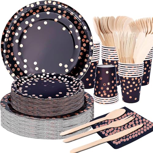 210 Pcs Pastel Party Supplies, Gold Dot Dinnerware Set - Rainbow Dessert Paper Plates Napkins Cups & Wood Forks Knives Spoons for Wedding Girl Birthday Party, Serves for 30