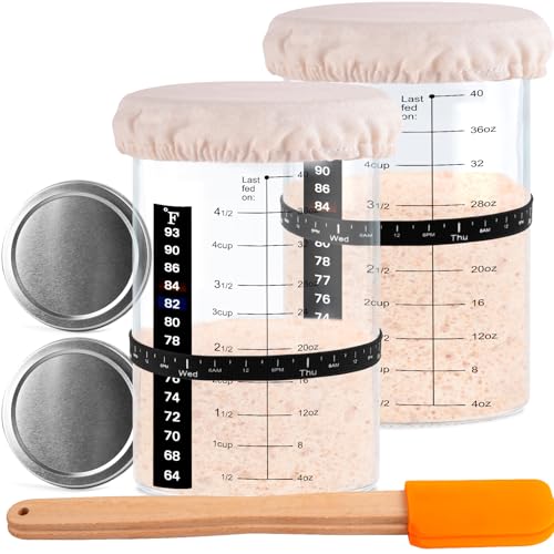 Tyniaide Sourdough Starter Jar Kit, 40 OZ 2 Pack Sourdough Starter Jar with Date Marked Feeding Band, Thermometer, Scraper, Sewn Cloth Cover and Metal Lid. Sour Dough Bread Baking Supplies