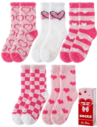Image of Womens Fuzzy Socks Warm Fluffy Cozy Winter Slipper Thick Fleece Heart Socks 5 Pairs