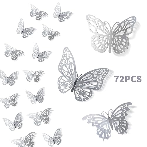 72PCS 3D Silver Butterfly Wall Decor, 3 Styles 3 Sizes, Removable Butterfly Wall Stickers Decorations for Room, Party, Birthday, Wedding, Cakes, DIY Gift