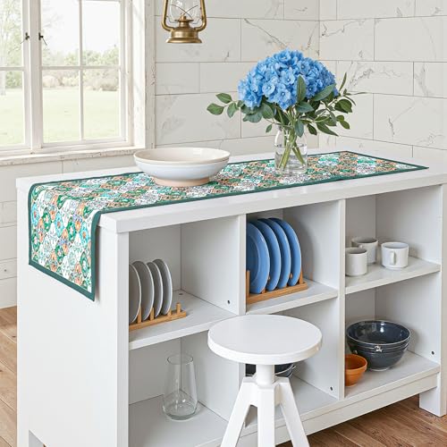 Image of Heart Home Velvet 13x72 Inch Table Runner for Home Decor | 6 Seater Dining Table Place Mat Elegant Soft Feel /Machine Washable | Pyramid 1348 - Cream & Green