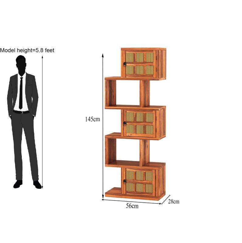 Image of Solid Sheesham Wood 5-Layer Ladder Bookshelf with Zig-Zag Design with 2 Open Shelves & 3 Rattan Wicker Door Storage | Display Cabinet Floor Standing Bookcase for Office, Library (Honey Finish)