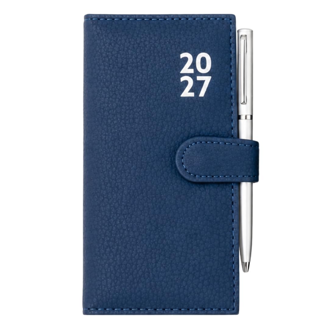 2027 Slim Pocket Diary Week to View with Pen | Hardback Compact Planner Stud Close | Portable Weekly Organiser Black Blue Grey