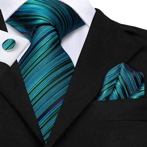 Image of Hi-Tie Men Ties Sets Silk Stripe Paisley Necktie Pocket Square Cufflinks for Business Wedding