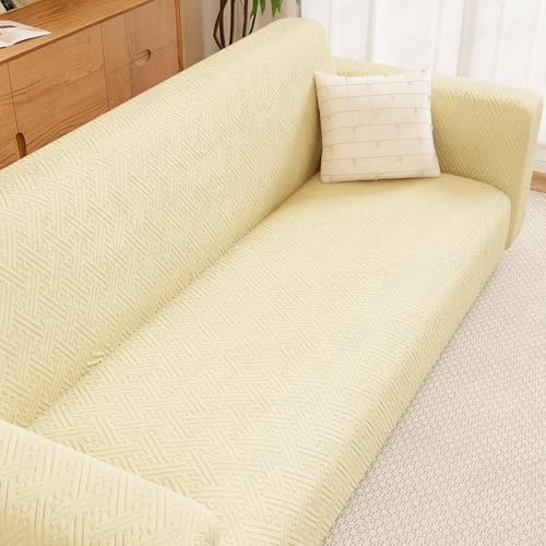 Image of Lukzer 3 Seater Pastel Yellow Grid Maze Pattern Sofa Cover | 240 GSM Universal Stretch Fit Jacquard Fabric Couch Protector | Fully Covered Anti Slip & Washable Sofa Cover (180-230cm /SC-105-03)