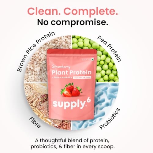 Image of Supply6 Plant Protein | 24g Vegan Protein with Probiotics & Fibre | Complete Amino Acids | Gut-Friendly, Zero Sugar, No Chalkiness | Delicious Taste (1000g, Strawberry)