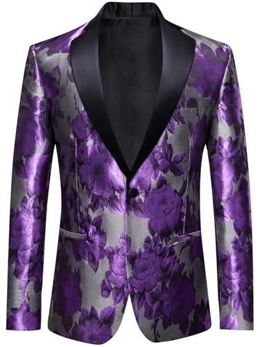 Image of Barry.Wang Mens Floral Blazer Suit Jacket Notched Lapel Casual Sport Coat | Flowers Jacquard One Button Tuxedo for Prom Wedding Party Disco Dinner Banquet Cocktail Homecoming Travel,Regular Fit