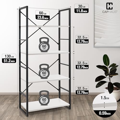 Image of CAPHAUS 4 Tier Bookshelf, 24 Inch Width Free Standing Shelf, Bookcase Shelf Storage Organizer, Industrial Book Shelves for Home Office, Living Room, Kitchen, White Shelves & Metal Frame