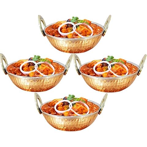 Rastogi Handicrafts Set of 4, Indian Copper Serveware Karahi Vegetable Dinner Bowl with Handle for Indian Food, Diameter 15 Cm Cover