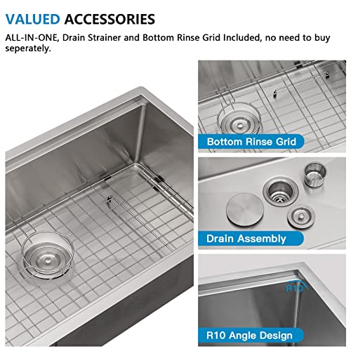 Image of 30 inchx19 inch Undermount Kitchen Sink Workstation Single Bowl | 16 Gauge T304 Stainless Steel, Brushed Nickel Finish, with Integrated Ledge, Round Corners, Under Counter