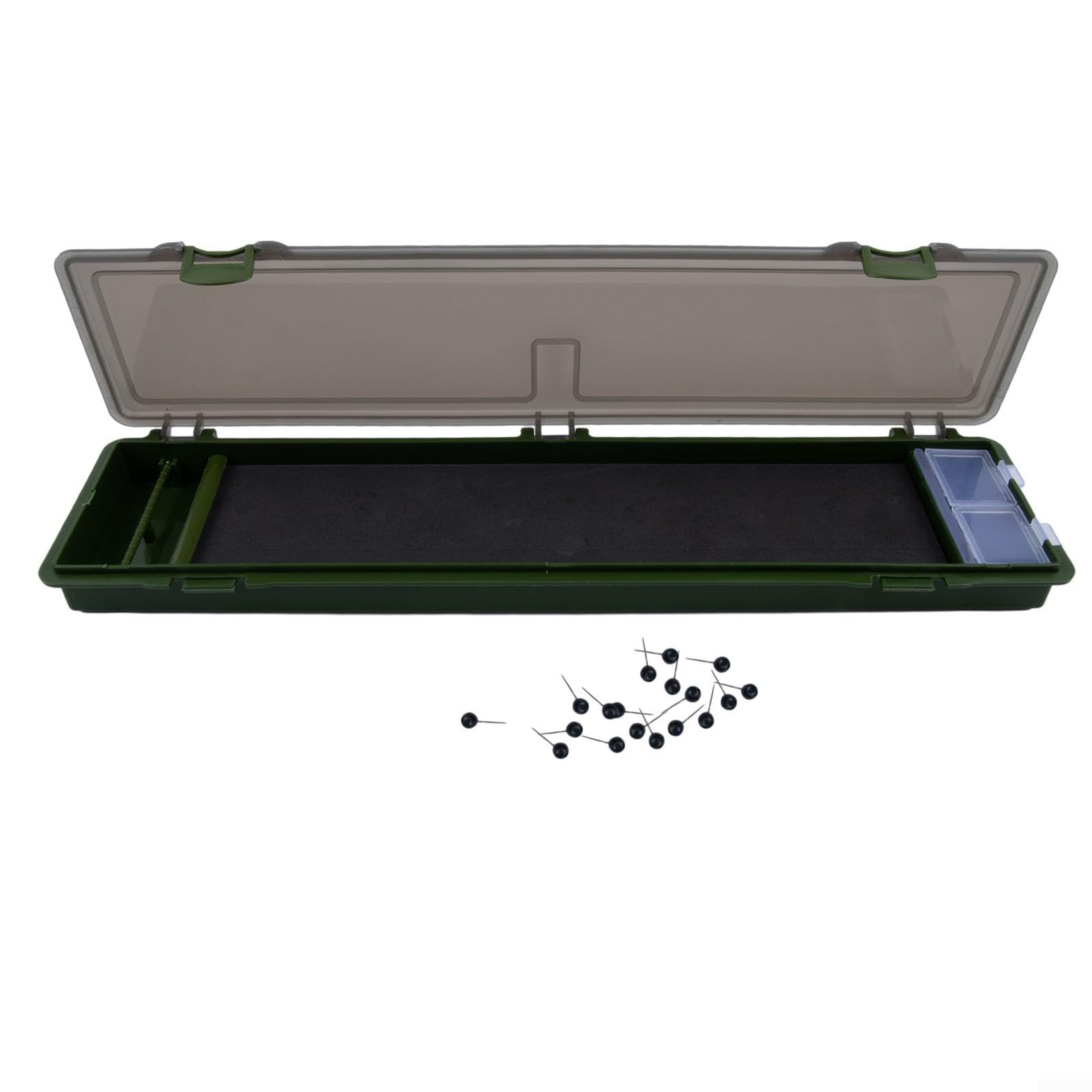Green Plastic Tool Box for Fishing Accessories - Hair Rig Holder with 15 Pins and Removable Compartments - Waterproof Storage for Hooks Baits 34.5x9x3cm