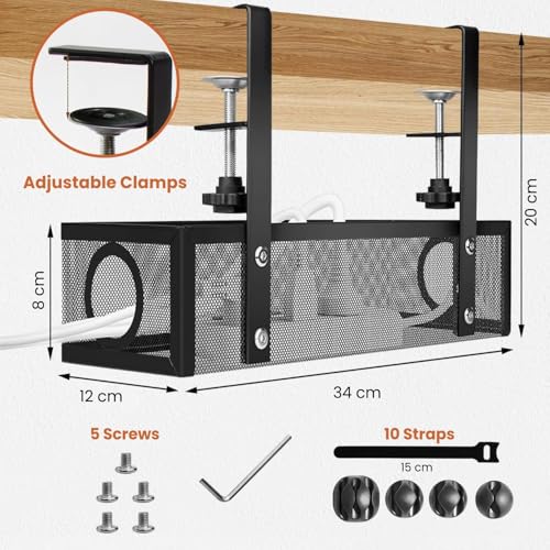 Image of Adjustable Under Desk Cable Organizer Rack (Black) - Metal Wire Management Tray for Power Strips, Extension Cords & Cables - Clamp-On or Screw-Fixed Desk Holder for Home & Office