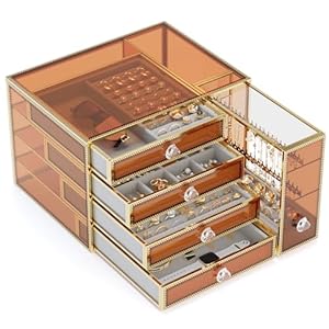 Jewelry organizer box-Tempered Glass 5-Drawer jewelry boxes for women, Large Jewelry Boxes & Organizers With Velvet Necklaces Earring Organizer.