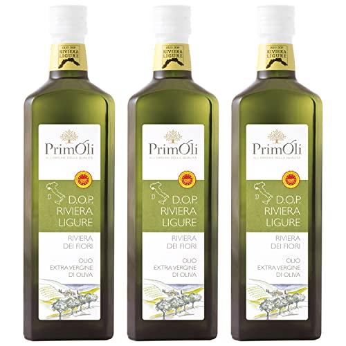 Olio extra vergine d'oliva DOP Riviera Ligure PrimOli dalla provincia di Imperia, fruttato leggero con decisa sensazione di dolce, ideale usato a crudo su piatti di pesce, 3x500 ml