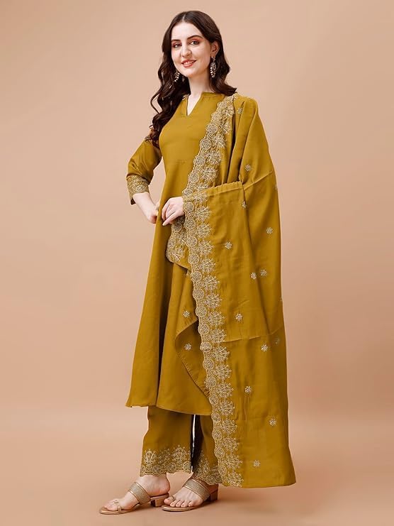 Kurta Set for Women Silk Embroidered Anarkali Kurta Set for Women with Palazzos and Dupatta