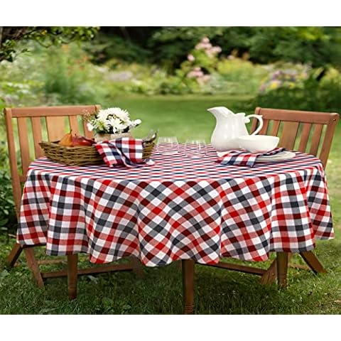 Patriotic American Farmhouse Buffalo Plaid Cotton Fabric Tablecloth by Home Bargains Plus, Checkered Red, White and Blue Cottage Gingham Easy Care Tablecloth, 60” x 84” Oval Cover