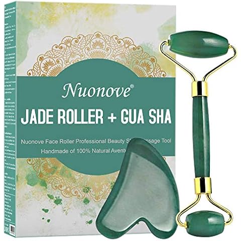 Jade Face Roller, Gua Sha Massage Tool, Jade Roller and Gua Sha Set for Anti-Aging & Anti-Wrinkle, 100% Natural Jade Stone Roller is Also Perfect as Neck & Puffy Eyes Massager Cover