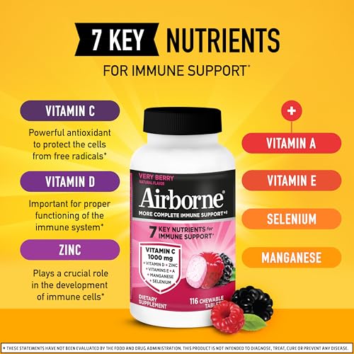 Airborne Very Berry Chewable Tablets, 116ct | Immune Support Supplement with 1000mg Vitamin C + Vitamins A, D, E, Zinc,Selenium, & Manganese | Herbal Blend | Gluten Free - Image 4