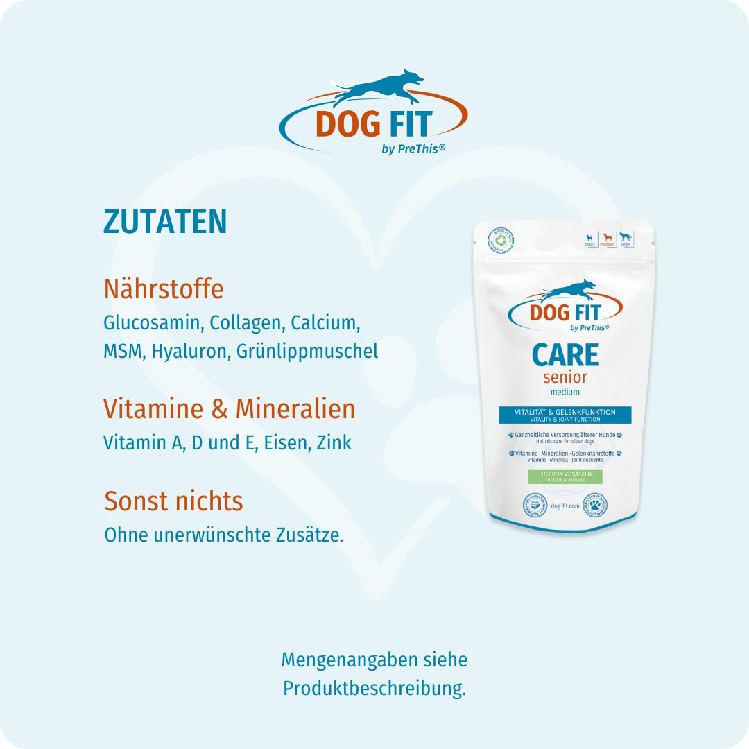 DOG FIT by PreThis® Care Senior für ältere Hunde I Für Vitalität, Wohlbefinden, Gelenke, Immunsystem. Mit Hyaluron & Vitaminen, ohne Zusätze I medium 10-25 kg