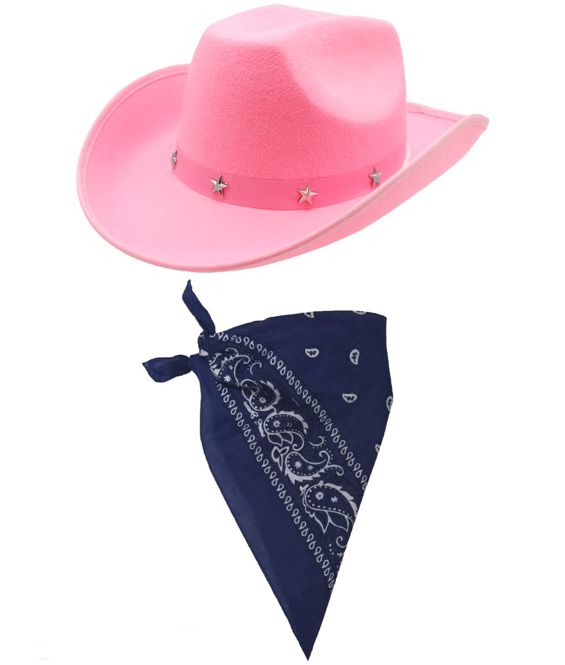 Cowboy Fancy Dress Accessory Set Costume Pink Cowboy Hat With Star Studded Band & Coloured Paisley Bandana Wild West Western Sheriff Bandana (Navy Blue Bandana)