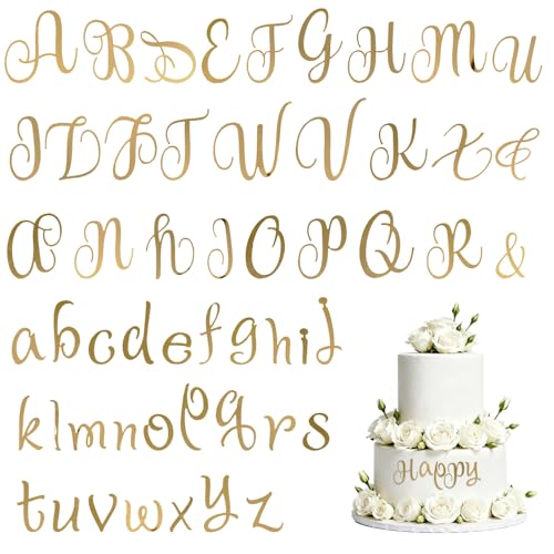 Lot de 54 lettres de A à Z - Décoration de gâteau - Lettres majuscules et minuscules - Acrylique doré - Épaisseur : 1 mm - Convient pour mariage,...