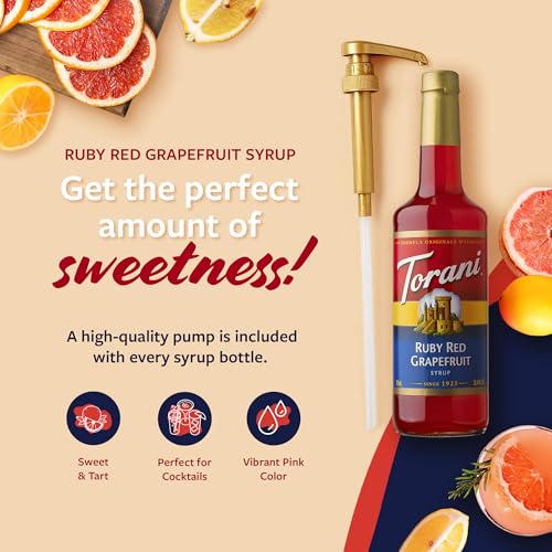 Image of Torani Ruby Red Grapefruit Syrup for Drinks, Flavoring for Sodas and Cocktails, Glass Bottle with Pump Included, 25.4 Fl Oz