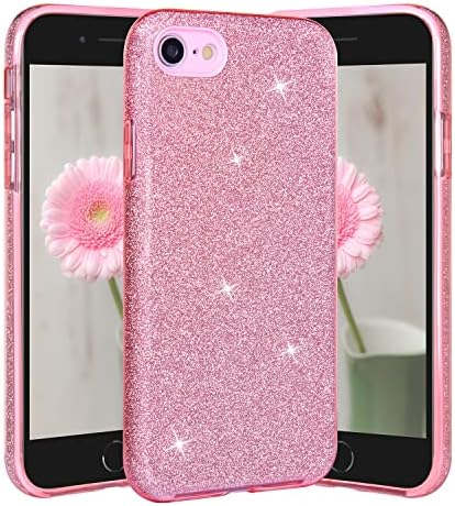 wisdompro 2 Pack Glitter Case for iPhone SE 2022/SE 2020, iPhone 8, iPhone 7, Cute Bling Sparkly Protective Case, Women Girls Slim Phone Cover for iPhone SE3/SE2/8/7(4.7 Inch) - Pink + Purple