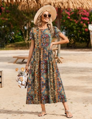 Image of Zeagoo Summer Dresses for Women 2026 Maxi Bohemian Floral Short Sleeve Long Dress Casual Flowy Tired Beach Sundress