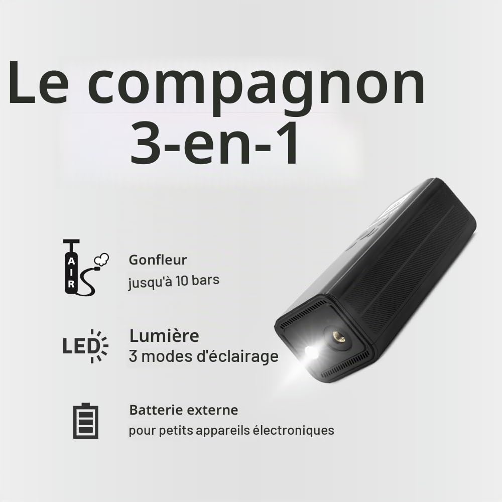 GYS, Nomad AIR, compresseur portatif Ultra-Compact, 10 Bars, 3 en 1 : Compresseur + Power Bank + Lampe pour Ballon, vélo, Moto, Voiture