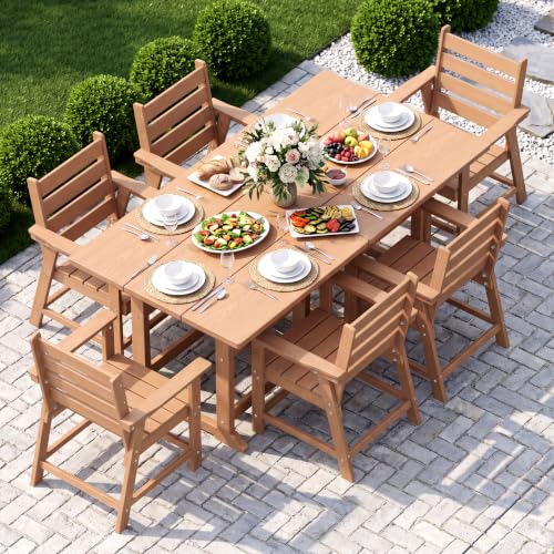 Image of 8 Piece Patio Dining Set, HDPE All-Weather Furniture with 6 Chairs & 2 Square Table, for Backyard, Garden, Cedar