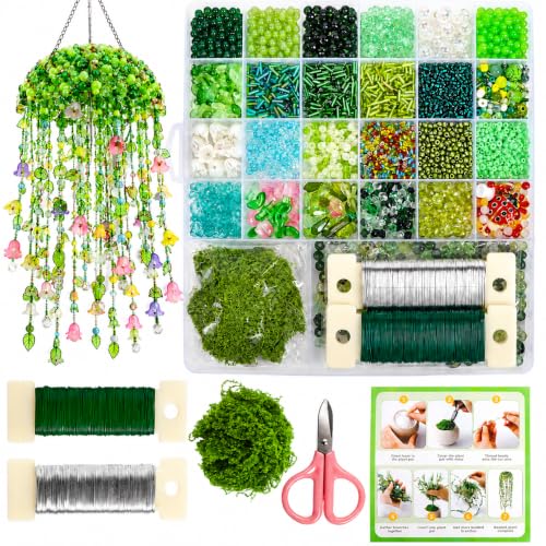 Diltik 5000+ Pcs Green Glass Beads DIY Beaded Plant Kit for Hanging Succulent Plants Crystal Leaf & Flower Beads Forever Plant Craft for Home Office & Gift
