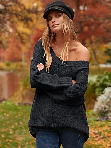 Anrabess Women'S Oversized Casual Loose Slouchy Scoop V Neck Batwing Long Sleeve Knit 2024 Fall Pullover Sweaters Black Small thumb #7