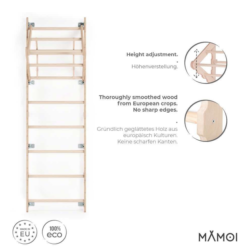 Espalier Mural En Bois 11 échelons - 195x80 Cm, Charge Max 200 Kg, Fitness Et Réhabilitation