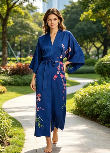 Image of Women's Classic 100% Silk Kimono Robe, Bathrobe-Printed Pattern