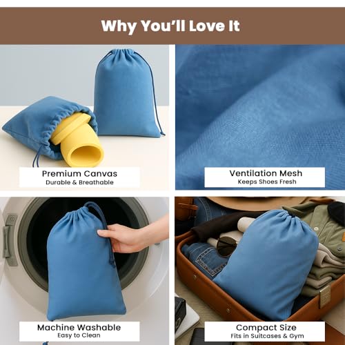 Image of LFH Cotton Rich Shoe Storage Bags with Drawstring, Dustproof Breathable Reusable Organizer, Perfect For Travel, Dorm, Hotel, College, Gym, Easy to Carry, Machine Washable 8 inchx17 inch (Pack of 4) - Sky Blue