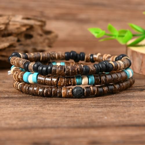 COLORFUL BLING Retro Surfer Stackable Bracelet Wood Beads Heishi Brown Coconut Puka Shell Beaded Bracelets2